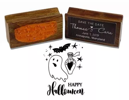 Printtoo Круглый резиновый штамп Happy Halloween на деревянном каркасе для приглашения на вечеринку, идея подарка 50 mm Diameter (Approx) коричневый