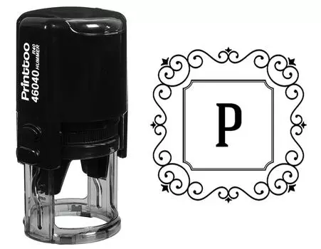 Printtoo P Alphabet Monogram Initial Square Swirl Border R-40 Self Inking Rubber Stamp Office 30 mm Diameter (Approx) синий
