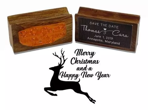 Printtoo Round Wood Mounted Merry Christmas And Happy New Year Rubber Stamp Праздник оленей 40 mm Diameter (Approx)
