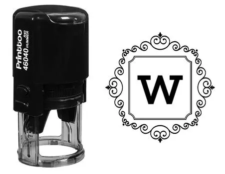 Printtoo Square Swirl Border W Алфавит Монограмма Начальные канцелярские принадлежности Self Inking R-40 Rubber 30 mm Diameter (Approx) синий