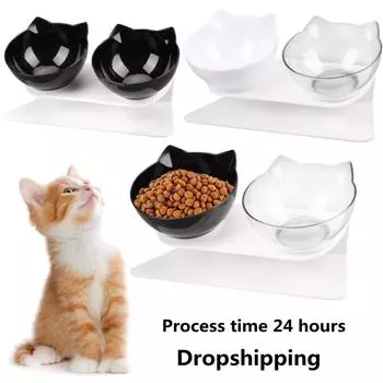 Приподнятая миска для кошек с подставкой, наклоненная на 15°, миски для котят, приподнятая миска для кошек, против рвоты, двойные миски для кошек, пластик, прозрачный чёрный