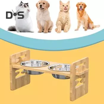 Приподнятая подставка для миски для домашних животных с наклонной платформой. Регулируемая приподнятая деревянная кормушка с 2 мисками из нержавеющей стали. Нескользящие миски для корма для собак для кошек и собак.