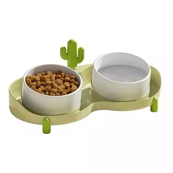 Приподнятые двойные миски для кошек Предотвращают скольжение Непроливаемые Наклонные Керамические Приподнятые Миски для Кошачьего Корма для Домашних Животных зелёный