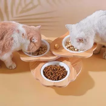 Приподнятые миски для кошек Поднятая кормушка для домашних животных с 3 мисками и деревянной подставкой для кошек Набор посуды для щенков и маленьких собак Станция кормления для еды и Three Bowls