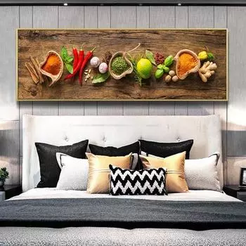 Приправы и подсластители на деревянном столе. Художественные плакаты и принты на холсте. Травы и специи. Художественные фотографии. Кухонная тема. Художественная роспись. 20*40cm