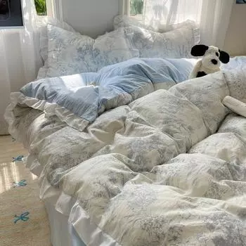 Приятный для кожи кружевной стираный хлопок комплект из четырех предметов комплект из трех предметов для спальни простыня пододеяльник постельное белье 1.2m bed