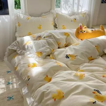 Приятный для кожи кружевной стираный хлопок комплект из четырех предметов комплект из трех предметов для спальни простыня пододеяльник постельное белье 1.2m bed