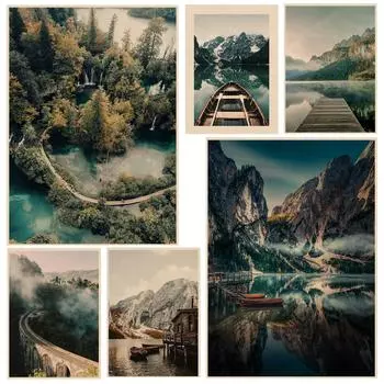 Природа Пейзаж Гора Озеро Лодка DIY Плакат Наклейка из крафт-бумаги DIY Комната Бар Кафе Эстетическое Искусство Настенная Живопись 21*30cm No Frame