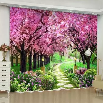 Природа Пейзаж Розовая вишня Цветок Дерево Сад Оконные Шторы Для Гостиной Детская Спальня Ванная Кухня Дверь Домашний Декор 2 Шт. 100W130H(CM)40x51in&Grommet Top