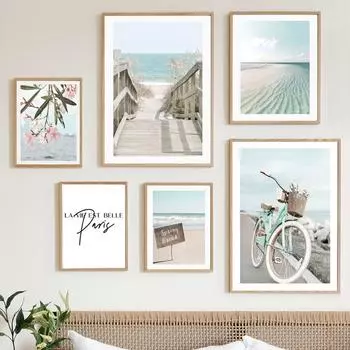 Природа розовый цветок велосипед волны мост пейзаж скандинавское искусство настенные постеры и принты холст картины для декора гостиной 21*30cm