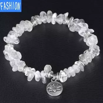 Природная энергия Аура Браслет из белого кристалла Полированный дробленый кварц Древнее серебро Подвеска в виде лотоса Ювелирные изделия Style A