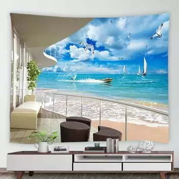 Природные пейзажи, домашний настенный подвесной тропический океанский пейзаж, гобелен, морские волны, парусная лодка, украшение в виде птицы, современный шикарный настенный гобелен 100X75CM