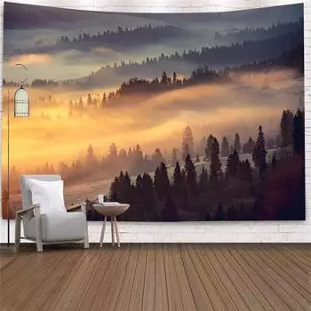Природные пейзажи, гобелен, туманный лес, снежная гора, хижина, настенная подвесная комната, прикроватная тумбочка, украшение для дома, фоновая ткань 100x75cm