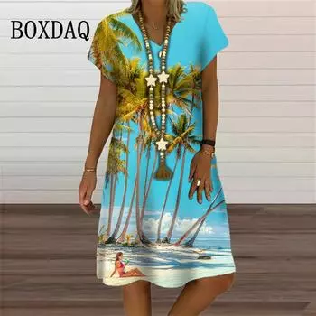 Природные пейзажи Лето Тропический пляж Стиль 3D Принт Платья Для Женщин Оверсайз Короткий Рукав Свободная Одежда Повседневный V-образный Вырез Платье S