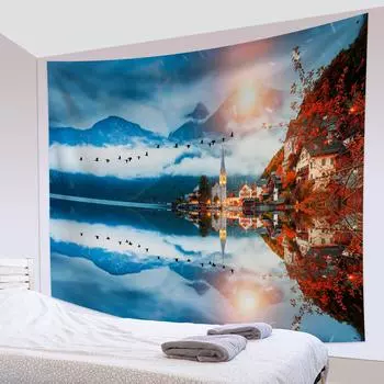 Природный гобелен настенный лес закат ручей пейзаж гобелен искусство спальня гостиная украшение общежития 100X75CM