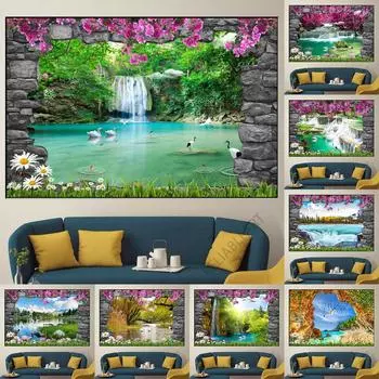 Природный пейзаж, холст, картина, каменная арка, водопад, HD фотографии, цветы, обои, постеры для декора гостиной, без рамки 21x30cm No Frame