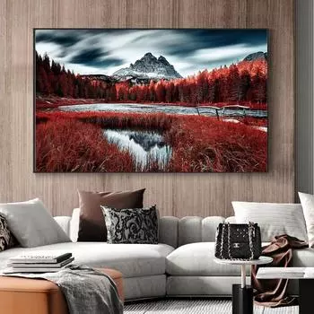 Природный пейзаж, холст, картина, осенние красные деревья, пейзаж, плакат, печать, настенное искусство для гостиной, домашний декор, фотографии без рамки 21*30cm