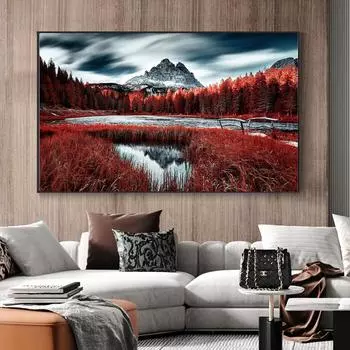 Природный пейзаж, холст, картина, осенние красные деревья, пейзаж, плакат, печать, настенное искусство для гостиной, домашний декор, фотографии без рамки 21*30cm