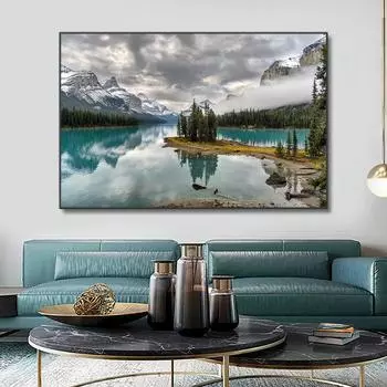 Природный пейзаж, холст, картина, скандинавское озеро, снежные горы, деревья, постер, настенная художественная картина для гостиной, домашний декор, без рамки 21*30cm