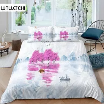 Природный пейзаж King Queen Пододеяльник в стиле комиксов с рисунком тушью Комплект постельного белья для взрослых Дерево Гора Река Полиэстеровый пододеяльник EU single(135x200cm)