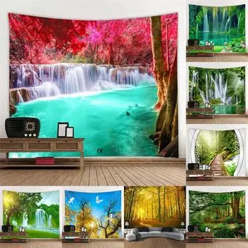 Природный пейзаж Лес Водопад Подвесная ткань Украшение стены дома Гобелен Офис Гостиная Гобелен 100x75cm