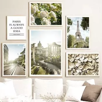 Природный пейзаж Плакаты Парижская башня Колизей Здание Цветочная стена Искусство Холст Картина Настенные картины для декора гостиной 21x30cm No Framed
