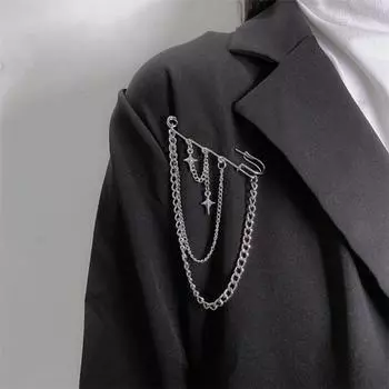 Прищепка для одежды унисекс, декор со звездой и цепочкой, сплав в стиле хип-хоп, индивидуальное украшение на грудь, брошь для вечеринки, клуба, противоскользящая сумка, брюки, ювелирные изделия серебряный