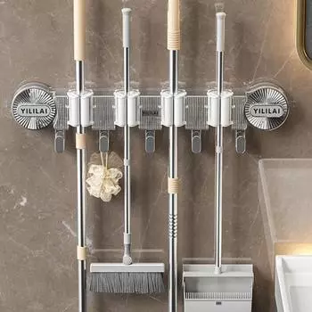 Присоска зажим для швабры настенный крючок для веника в ванной непробиваемый крючок для унитаза артефакт зажим для швабры полка для хранения светло-серый
