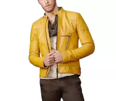 Приталенная мотоциклетная кожаная байкерская желтая натуральная куртка новая мужская из натуральной овчины XS жёлтый