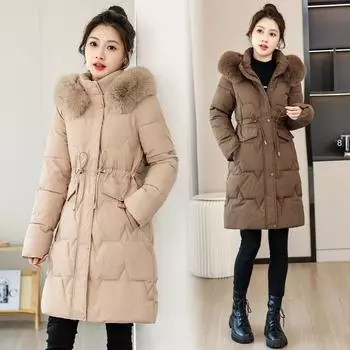 Приталенная одежда из хлопка с большим меховым воротником, тонкая и теплая одежда на хлопковой подкладке, куртки, приталенные куртки в заграничном стиле L чёрный