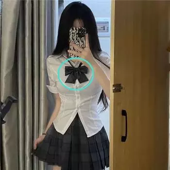 Приталенная рубашка, подчеркивающая талию: Сладкая, Острая и Универсальная Преппи Летняя Футболка с Коротким Рукавом L