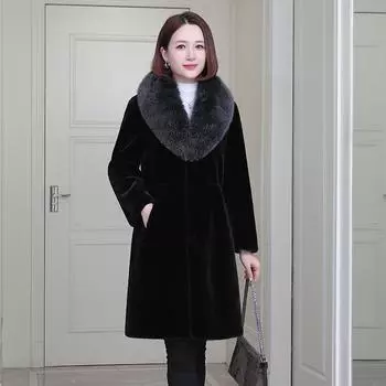 Приталенное кашемировое пальто женское средней и длинной длины 2024 года, шуба из норки и лисы золотистого цвета M (recommended 90-55 kg) чёрный