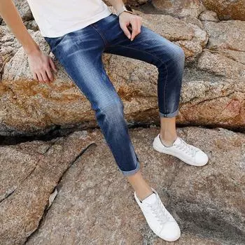 Приталенные брюки с эластичной резинкой для мужчин, весенние белые новые модные мужские укороченные брюки INS 36