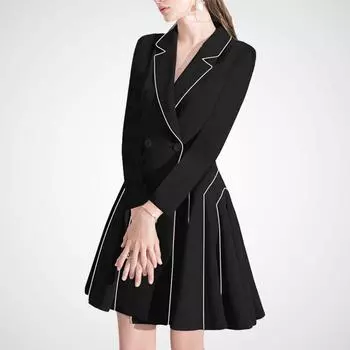 Приталенный деловой осенний однотонный приталенный костюм-юбка А-силуэта Black and white stripes (Long sleeves) M