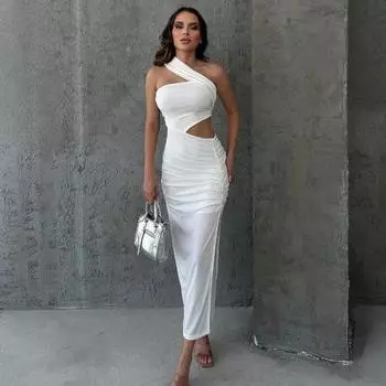 Приталенный крой однотонного плиссированного платья для женщин, элегантное сексуальное платье без рукавов для вечеринок и клубов, ночной наряд для клуба, платье S белый
