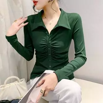 Приталенный стильный европейский дизайн топов с лацканами для женщин XL чёрный