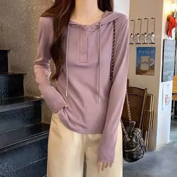 Приталенный топ с капюшоном и французским правым плечом, новая футболка осени 2024 года с закругленным подолом и длинными рукавами для женщин S