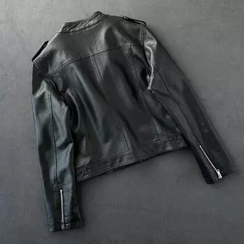 Приталенный женский костюм локомотива стираный кожаная куртка воротник стойка короткая кожаная куртка куртка на молнии S чёрный