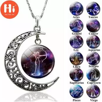Привет 12 знаков зодиака стеклянный купол ожерелье в форме полумесяца модные украшения для женщин Овен Телец Близнецы Рак Водолей ожерелье Рыбы Aquarius