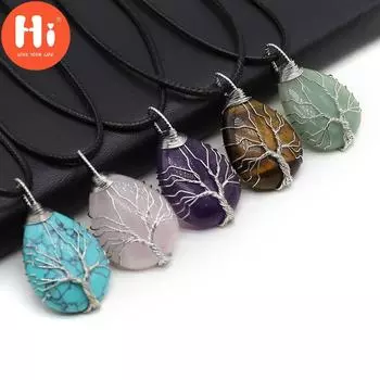 Привет, 1 шт., натуральный камень, кристалл, розовый кварц, малахит, агат, подвеска в форме капли, ожерелья «Древо жизни» для женщин и мужчин, ювелирные изделия 25 43 мм 2543mm-Amethyst