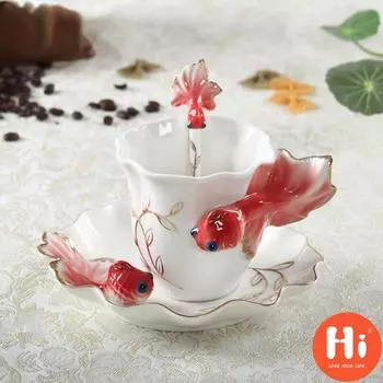 Привет, 200 мл, креативная керамическая 3D кофейная чашка с золотой рыбкой, набор эмалированных фарфоровых чашек для чая и молока, чашки из костяного фарфора синий