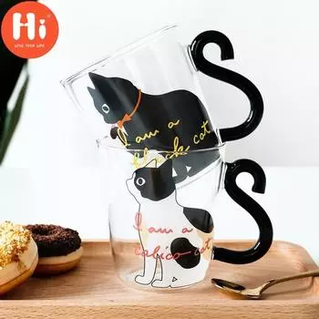 Привет 250 мл милый кот стеклянная чашка для сока, кофе, молока, чая, кофе, стеклянная кружка, кошачий хвост, ручка, кошачья чашка, подарки белый