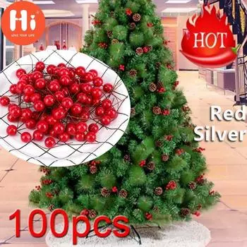 Привет, 50/100 шт., искусственный красный/серебряный цвет, Холли Берри, рождественская елка, подвесной декор, украшение, подарки, привет 50pcs красный