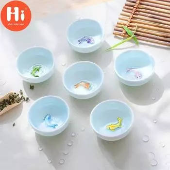 Привет, 6 шт./компл., офисная чайная чашка, креативная селадоновая 3D чашка с рыбой, потрескавшаяся глазурь, дорожная чайная чашка, фарфоровая кружка для воды кунг-фу, посуда для напитков