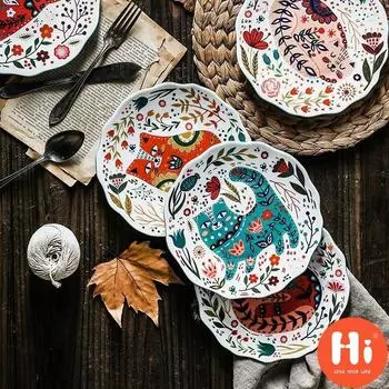 Привет, 8 дюймов, скандинавская креативная мультяшная ручная роспись, тарелка с изображением кота, керамическая посуда под глазурью, блюдо для десерта, микроволновая печь, закуска, стейк, тарелка