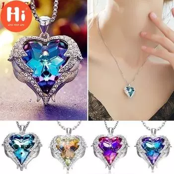 Привет ангельские крылья кулон ожерелья синий кристалл сердце ожерелье для женщин рождественские украшения фиолетовый