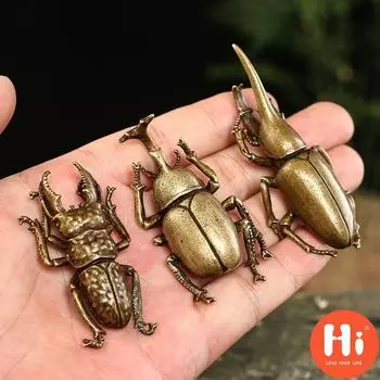 Привет, антикварные бронзовые цельные миниатюрные фигурки жуков, чайное украшение для стола для домашних животных, винтажная латунная карманная скульптура жука, исследование, пресс-папье, Hi Beetle