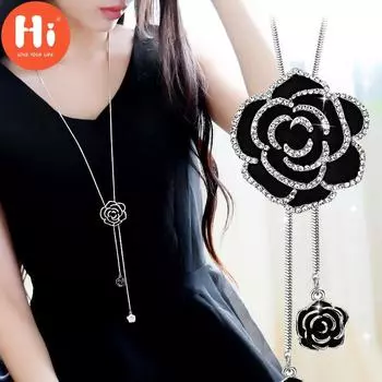 Привет, черный цветок, роза, колье, ожерелья и подвески для женщин, модное длинное ожерелье, женское колье Femme