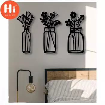 Привет Деревянные Настенные Художественные Украшения Ваза Для Цветов 3 Шт. Черный Цвет Современная Природа Спальня Гостиная Кухня Домашний Офис Скандинавский Орнамент ЖивописьПривет