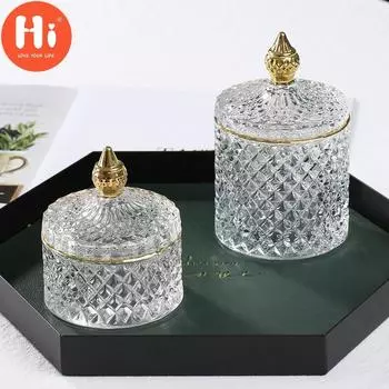 Привет, европейская стеклянная банка в стиле ретро с крышкой, прозрачная золотая ювелирная коробка для хранения ватных тампонов, резервуар для чайных конфет, сахарница, держатель для кисточек для макияжа 1